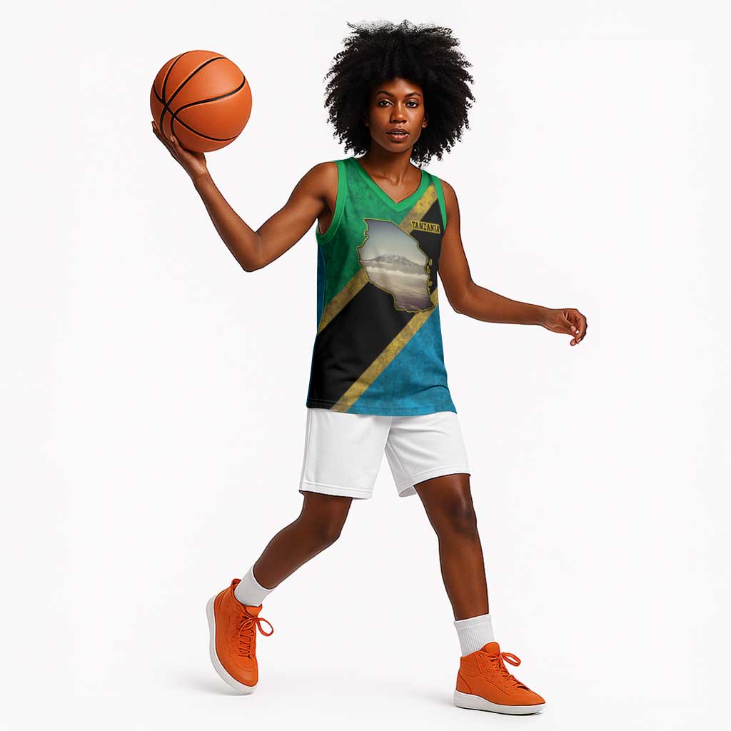 African Volcano Kilimanjaro Tanzania Basketball Jersey Grunge Flag Map of Tanzania - African Pride