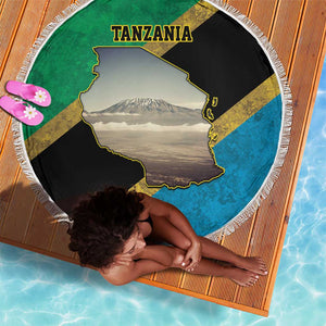 African Volcano Kilimanjaro Tanzania Beach Blanket Grunge Flag Map of Tanzania - African Pride