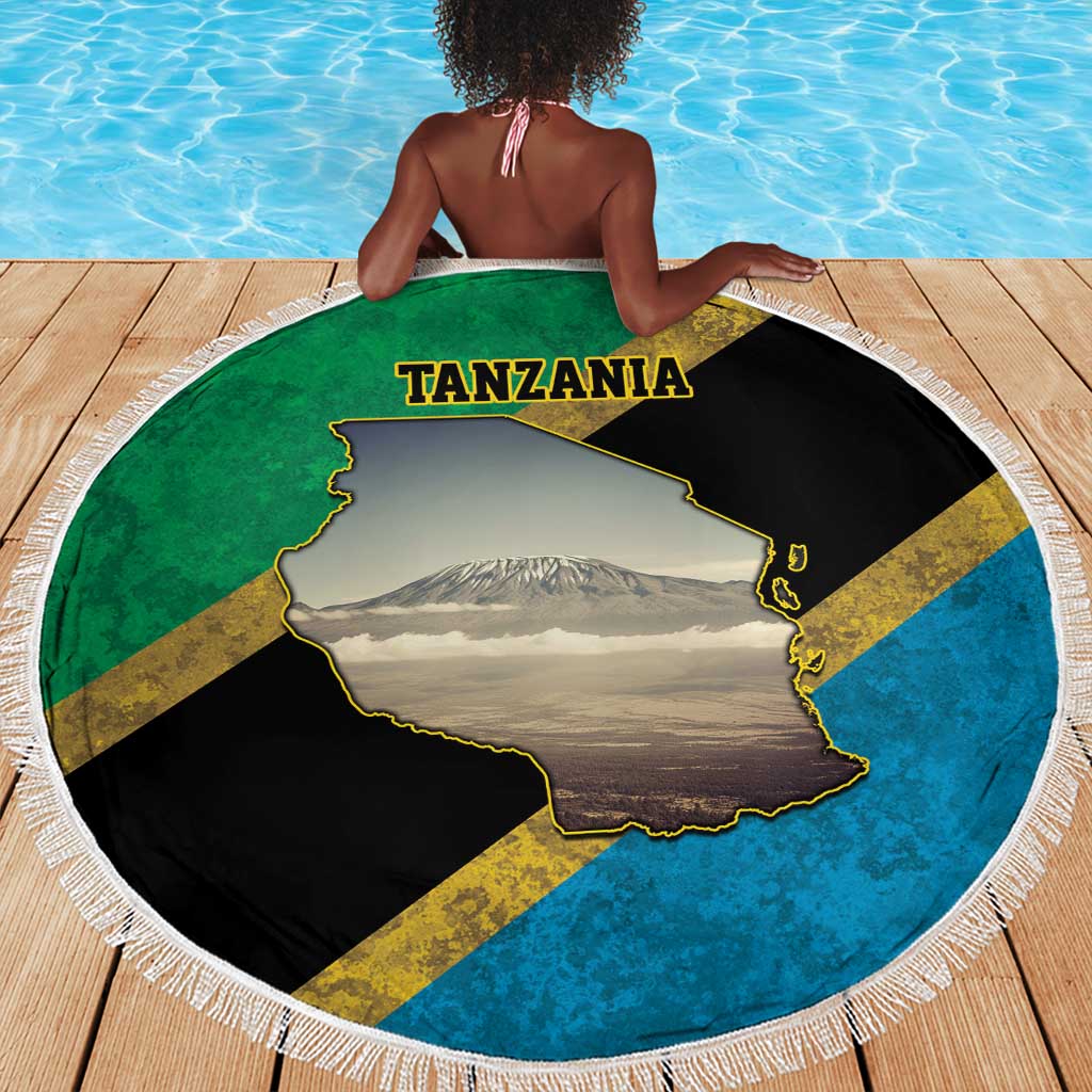 African Volcano Kilimanjaro Tanzania Beach Blanket Grunge Flag Map of Tanzania - African Pride