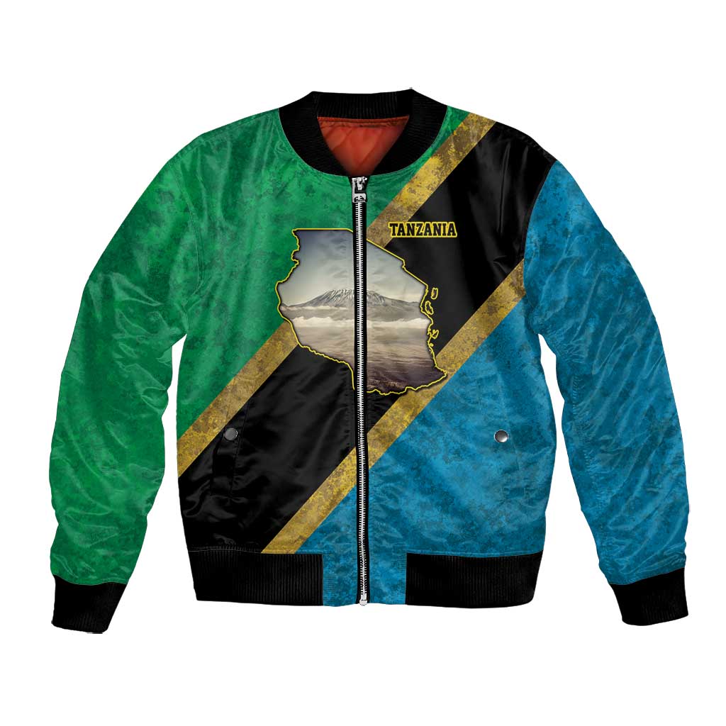 African Volcano Kilimanjaro Tanzania Bomber Jacket Grunge Flag Map of Tanzania - African Pride
