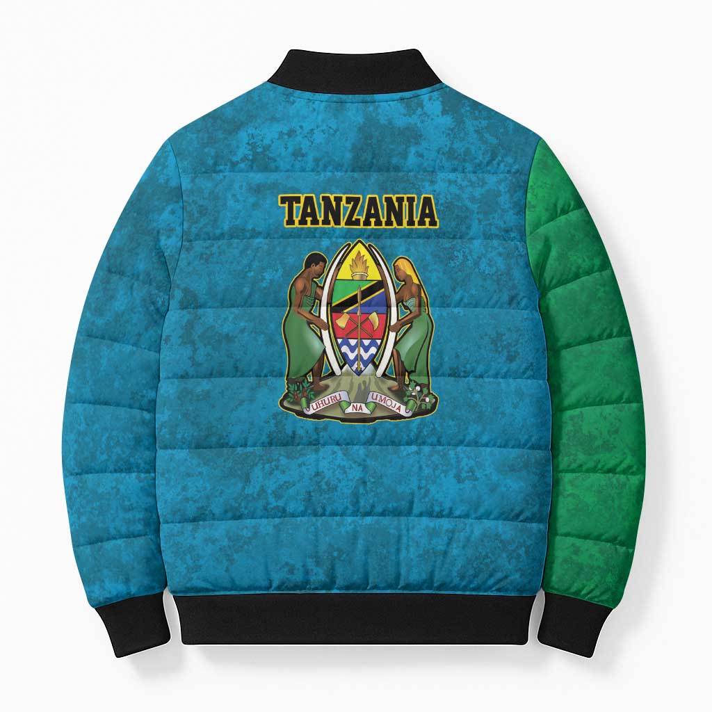 African Volcano Kilimanjaro Tanzania Bomber Puffer Jacket Grunge Flag Map of Tanzania