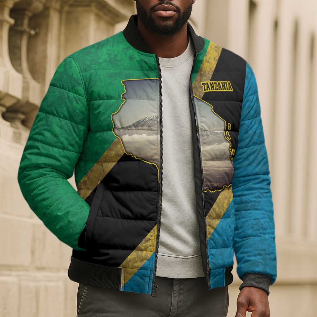 African Volcano Kilimanjaro Tanzania Bomber Puffer Jacket Grunge Flag Map of Tanzania