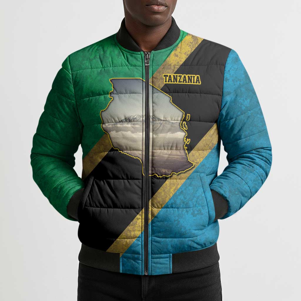 African Volcano Kilimanjaro Tanzania Bomber Puffer Jacket Grunge Flag Map of Tanzania