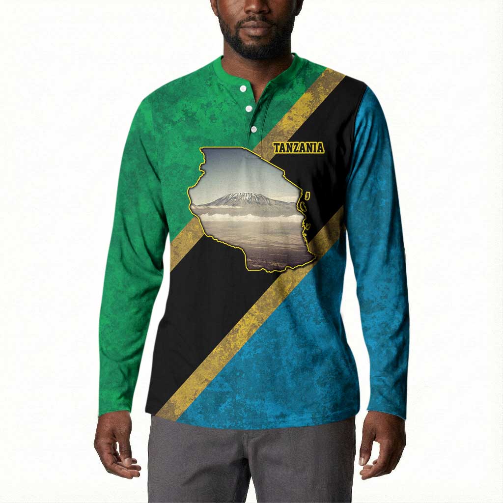 African Volcano Kilimanjaro Tanzania Button Sweatshirt Grunge Flag Map of Tanzania