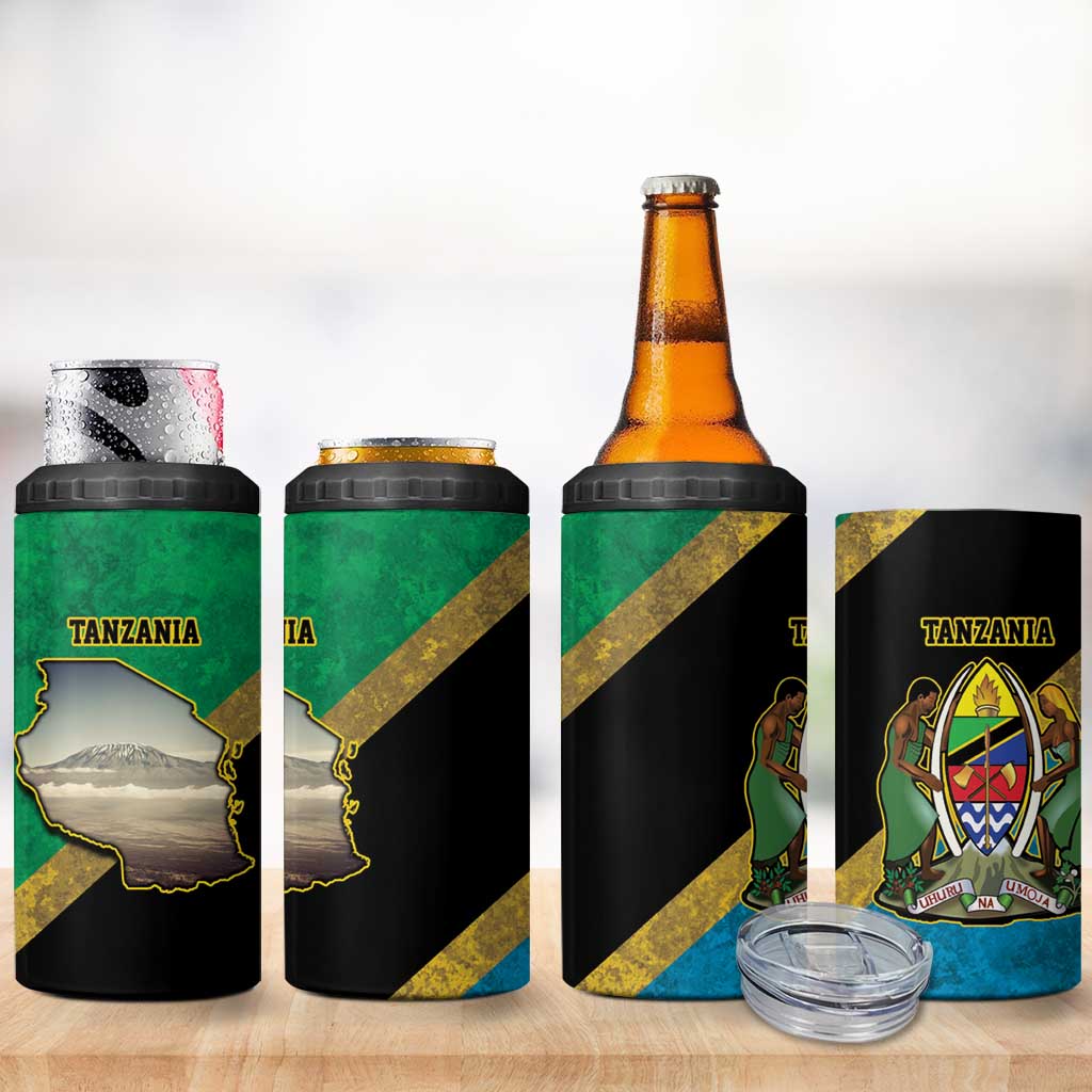 African Volcano Kilimanjaro Tanzania 4 in 1 Can Cooler Tumbler Grunge Flag Map of Tanzania - African Pride