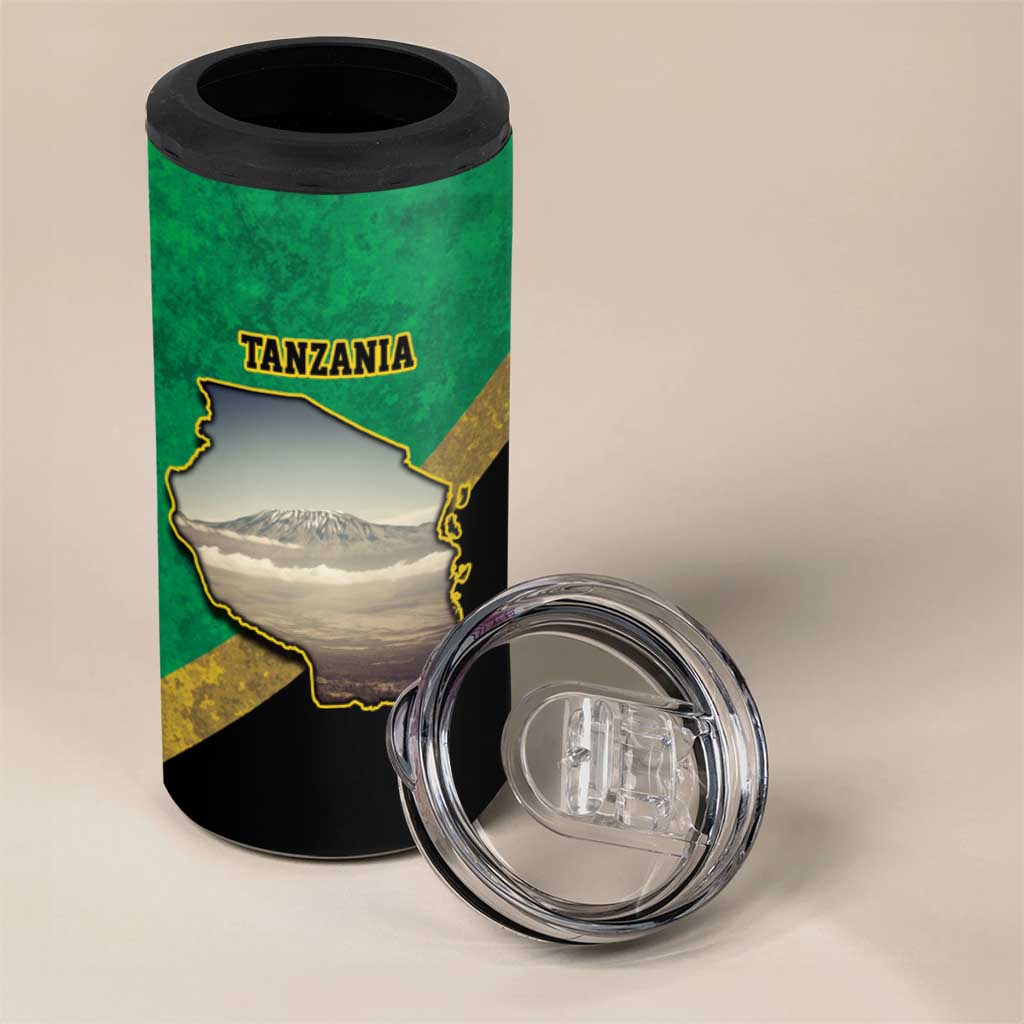African Volcano Kilimanjaro Tanzania 4 in 1 Can Cooler Tumbler Grunge Flag Map of Tanzania - African Pride
