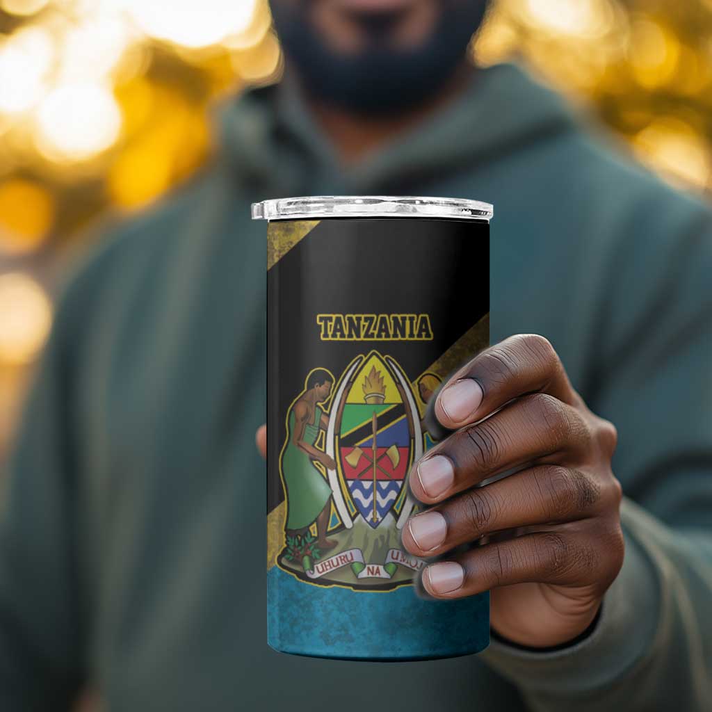 African Volcano Kilimanjaro Tanzania 4 in 1 Can Cooler Tumbler Grunge Flag Map of Tanzania - African Pride