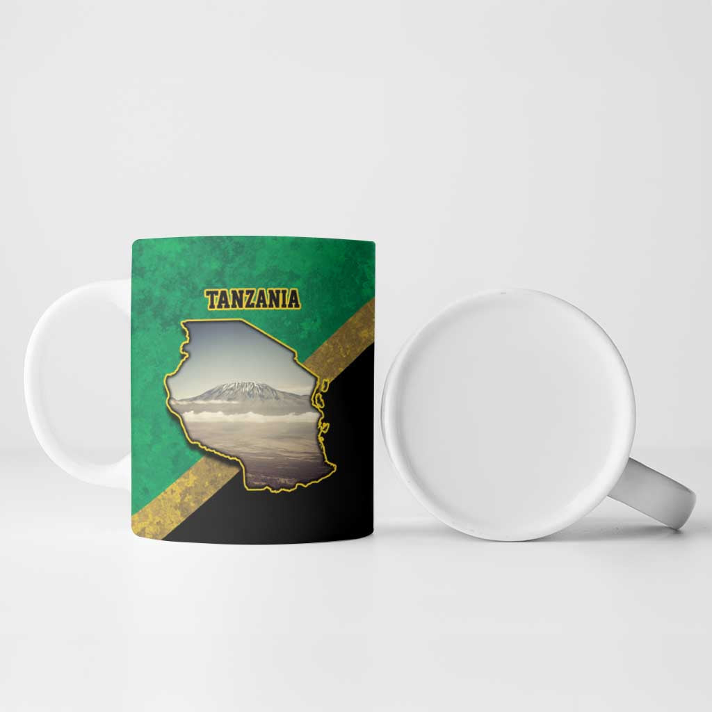 African Volcano Kilimanjaro Tanzania Ceramic Mug Grunge Flag Map of Tanzania