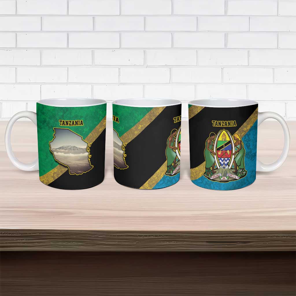 African Volcano Kilimanjaro Tanzania Ceramic Mug Grunge Flag Map of Tanzania
