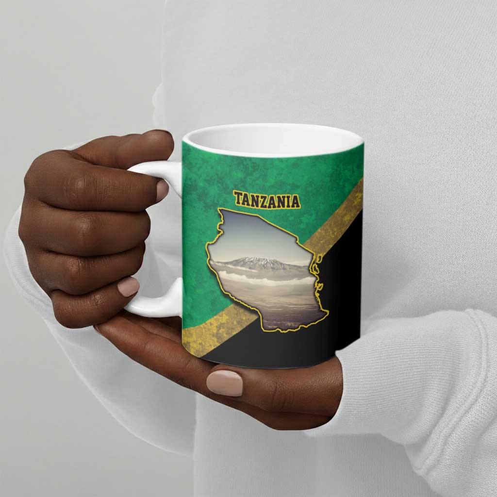 African Volcano Kilimanjaro Tanzania Ceramic Mug Grunge Flag Map of Tanzania