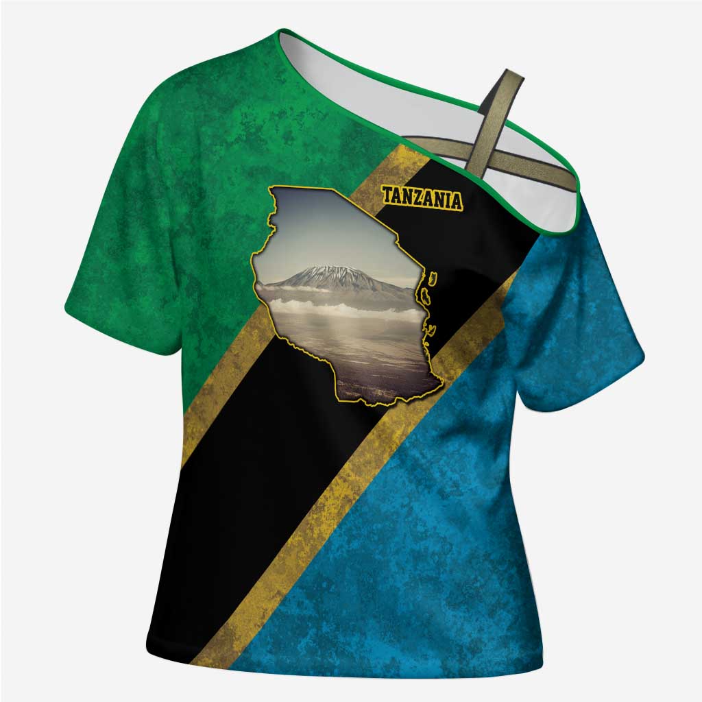African Volcano Kilimanjaro Tanzania Cross Shoulder Shirt Grunge Flag Map of Tanzania