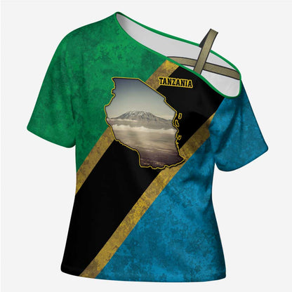 African Volcano Kilimanjaro Tanzania Cross Shoulder Shirt Grunge Flag Map of Tanzania