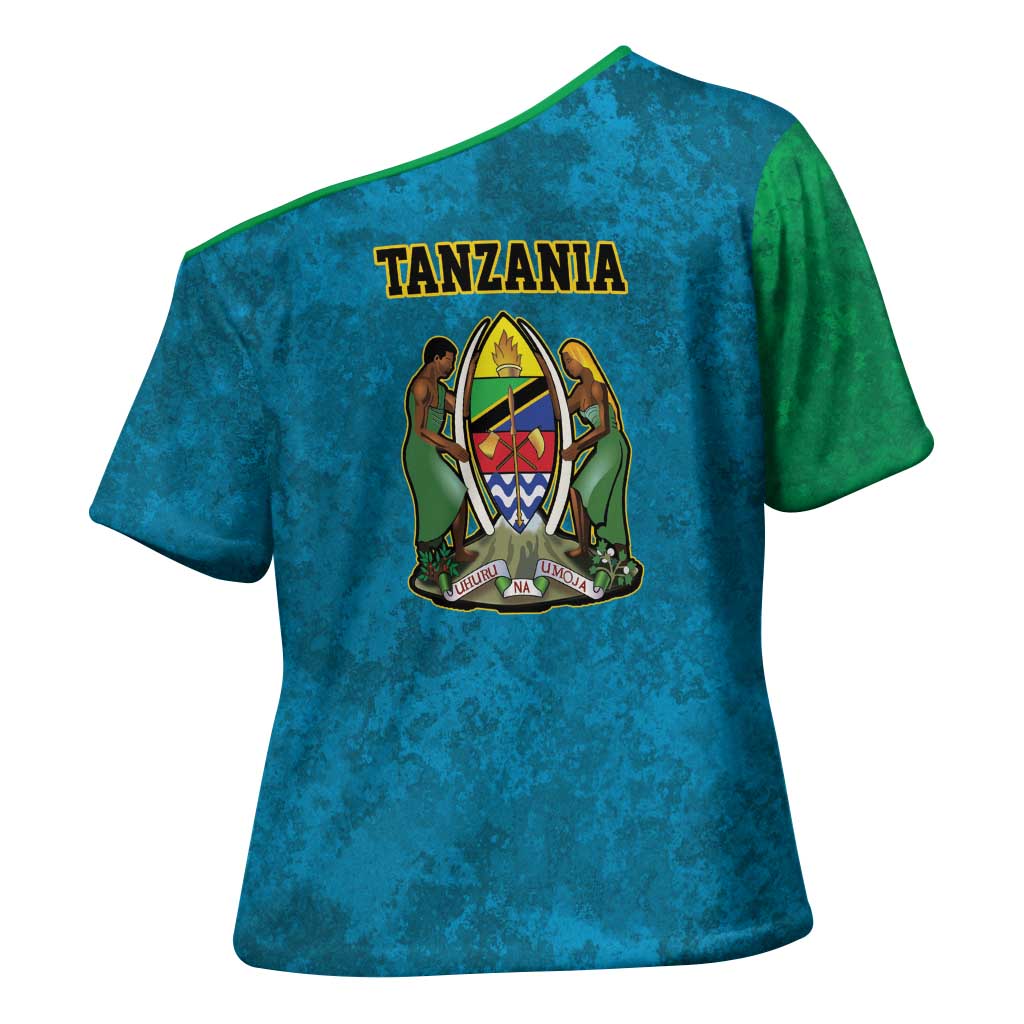 African Volcano Kilimanjaro Tanzania Cross Shoulder Shirt Grunge Flag Map of Tanzania