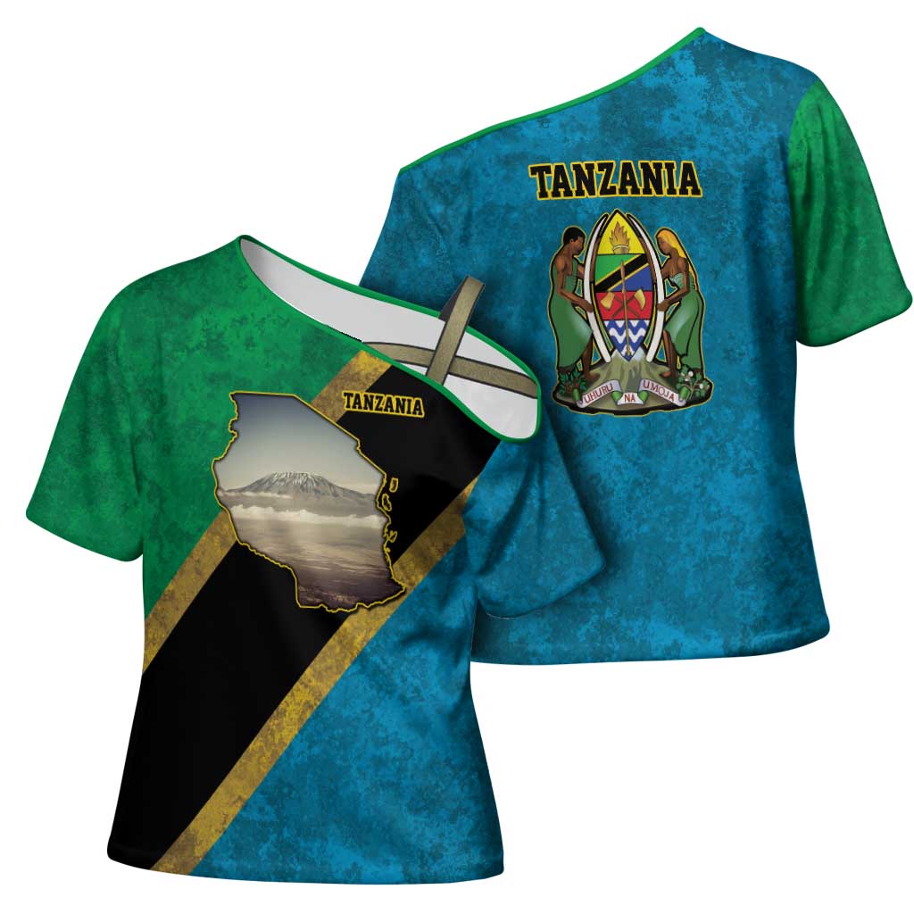 African Volcano Kilimanjaro Tanzania Cross Shoulder Shirt Grunge Flag Map of Tanzania