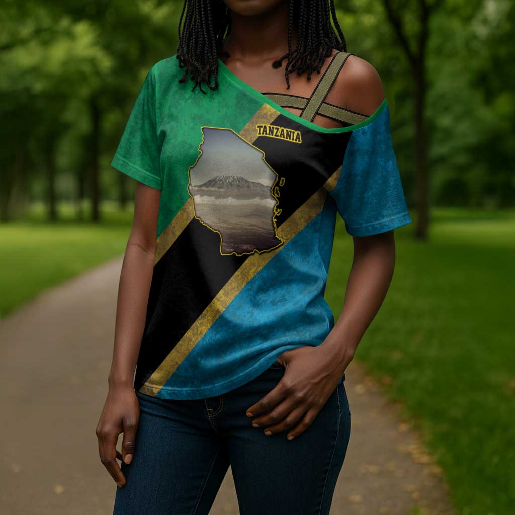 African Volcano Kilimanjaro Tanzania Cross Shoulder Shirt Grunge Flag Map of Tanzania