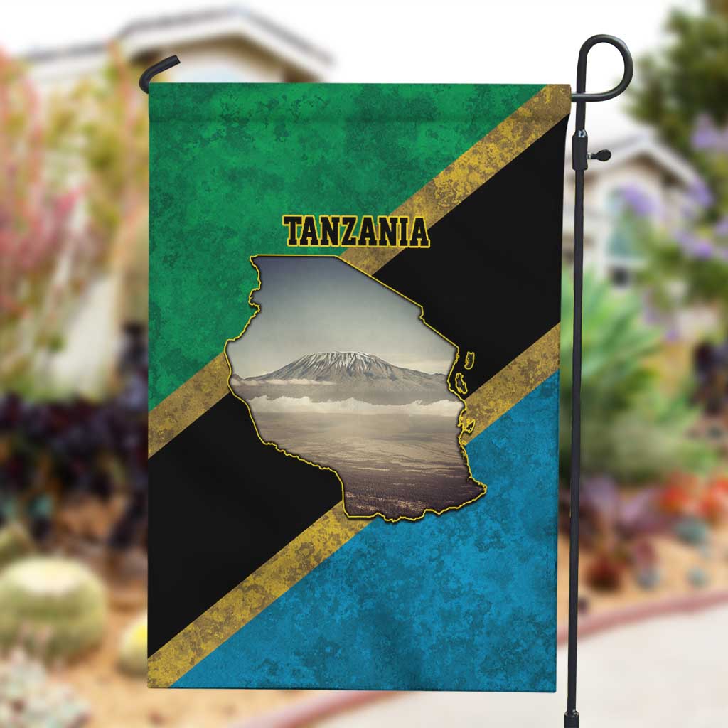 African Volcano Kilimanjaro Tanzania Garden Flag Grunge Flag Map of Tanzania - African Pride