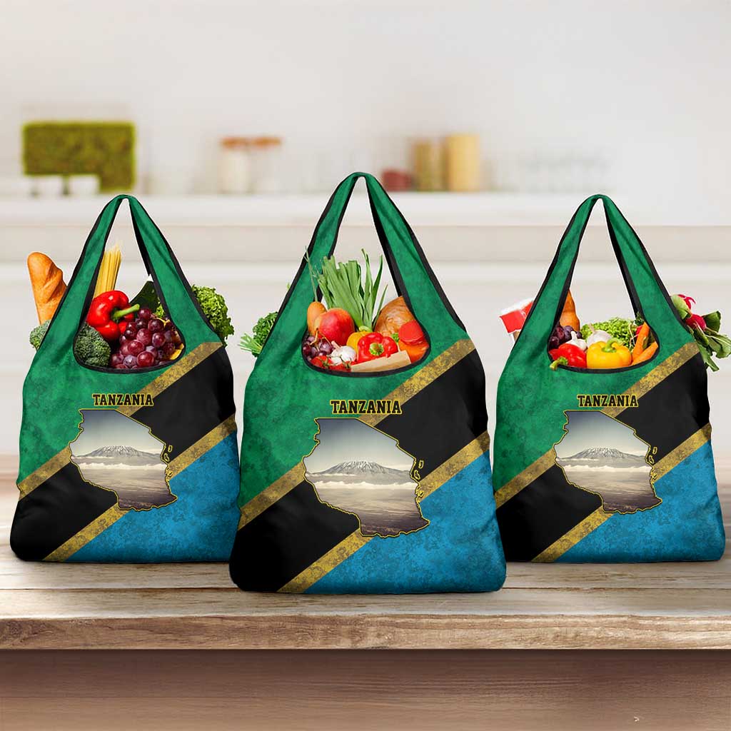 African Volcano Kilimanjaro Tanzania Grocery Bag Grunge Flag Map of Tanzania - African Pride