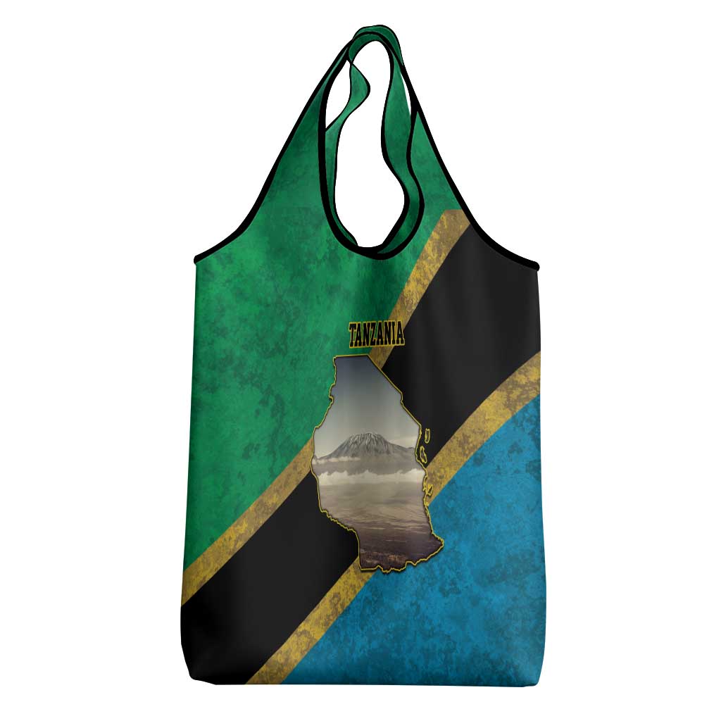 African Volcano Kilimanjaro Tanzania Grocery Bag Grunge Flag Map of Tanzania - African Pride