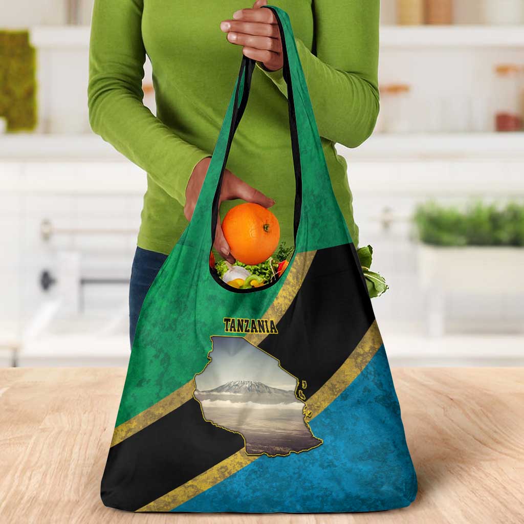 African Volcano Kilimanjaro Tanzania Grocery Bag Grunge Flag Map of Tanzania - African Pride