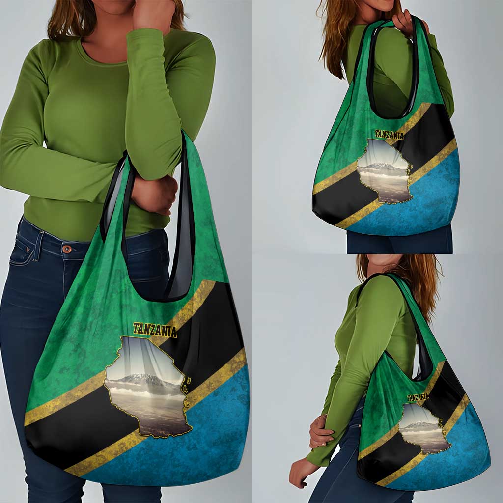 African Volcano Kilimanjaro Tanzania Grocery Bag Grunge Flag Map of Tanzania - African Pride