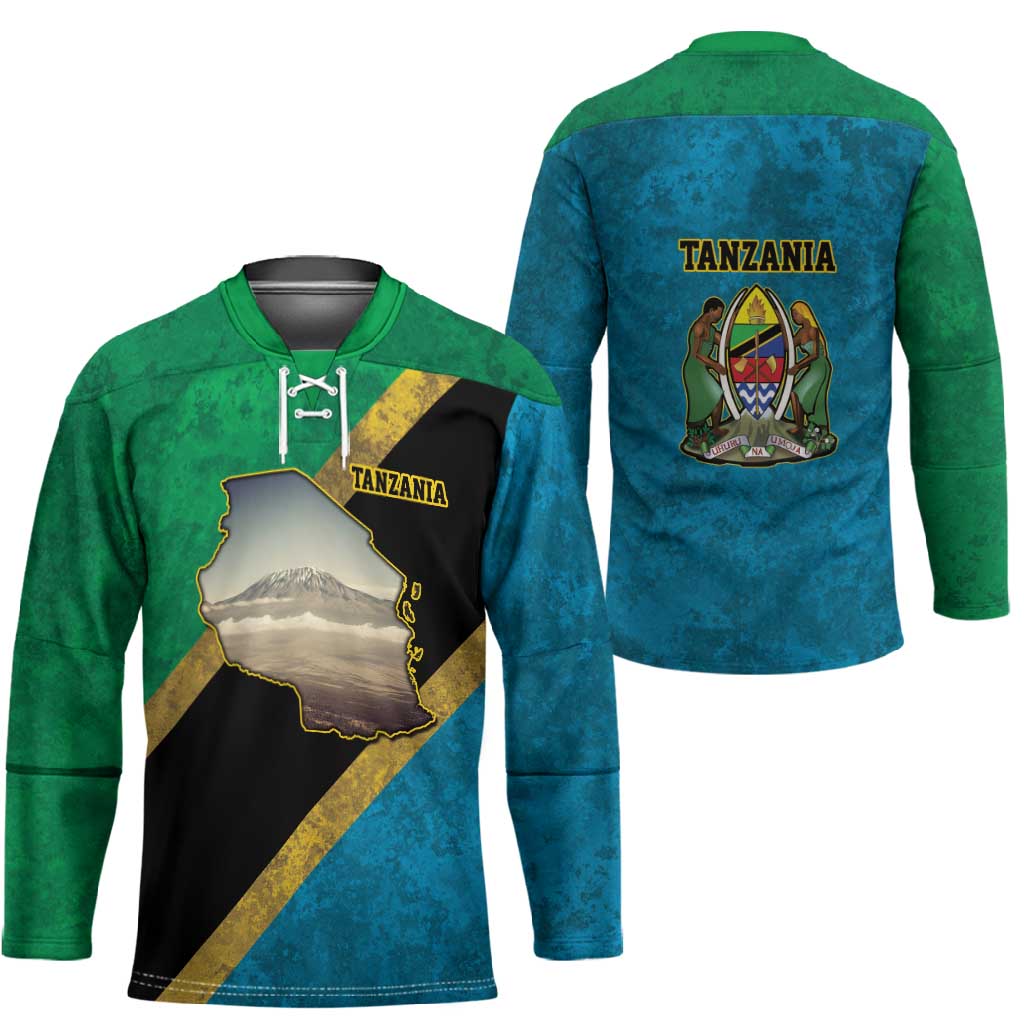 African Volcano Kilimanjaro Tanzania Hockey Jersey Grunge Flag Map of Tanzania