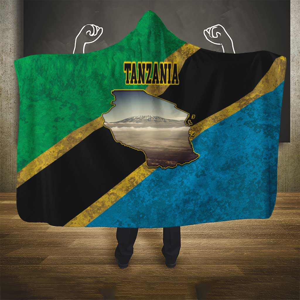 African Volcano Kilimanjaro Tanzania Hooded Blanket Grunge Flag Map of Tanzania - African Pride