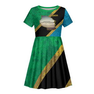 African Volcano Kilimanjaro Tanzania Kid Short Sleeve Dress Grunge Flag Map of Tanzania - African Pride