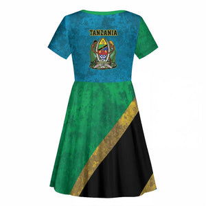 African Volcano Kilimanjaro Tanzania Kid Short Sleeve Dress Grunge Flag Map of Tanzania - African Pride