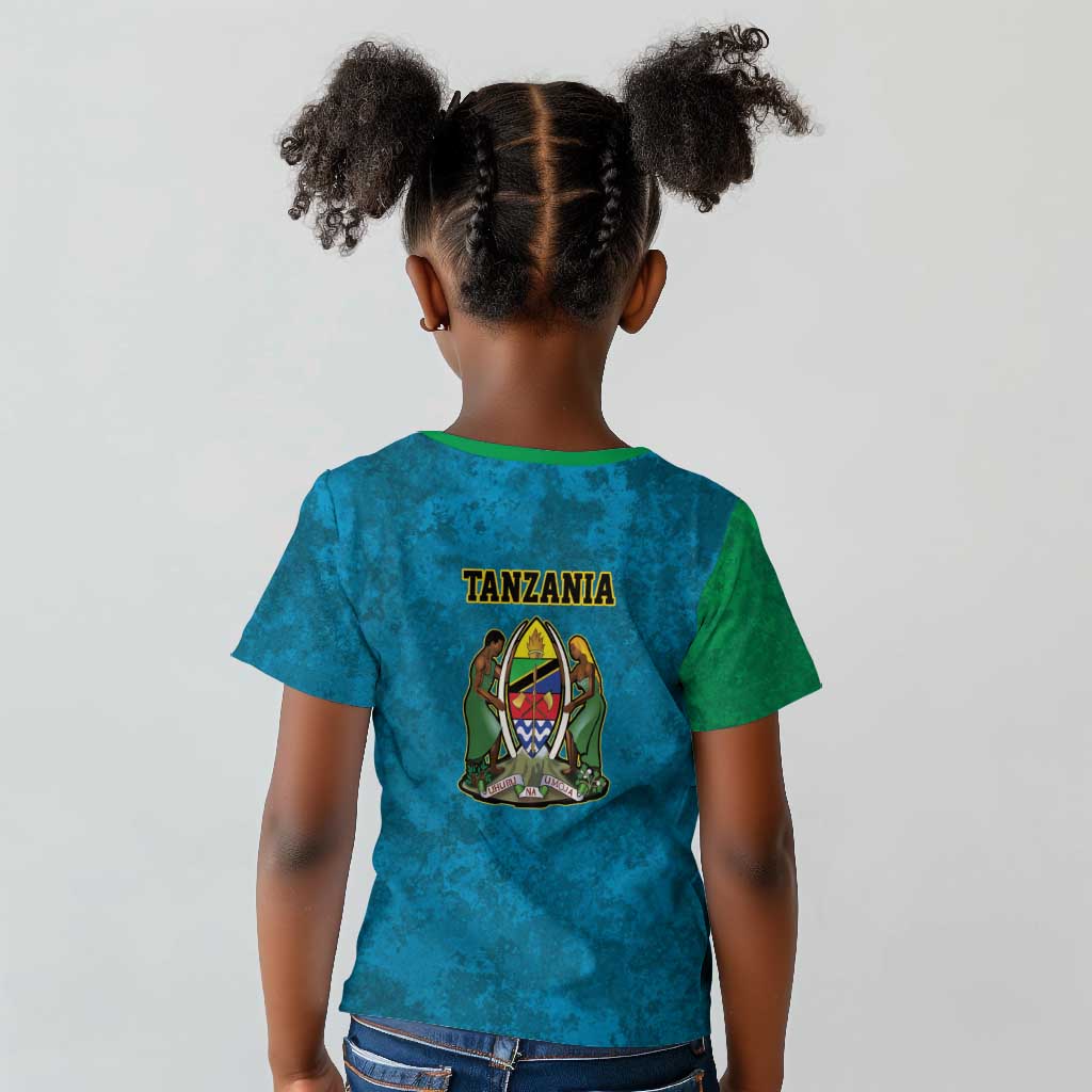 African Volcano Kilimanjaro Tanzania Kid T shirt Grunge Flag Map of Tanzania - African Pride