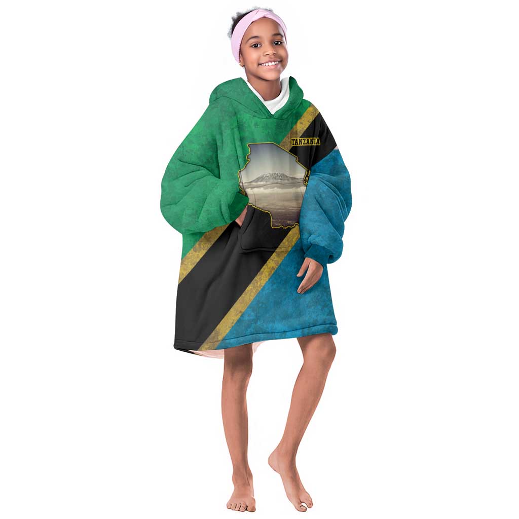 African Volcano Kilimanjaro Tanzania Kid Wearable Blanket Hoodie Grunge Flag Map of Tanzania - African Pride