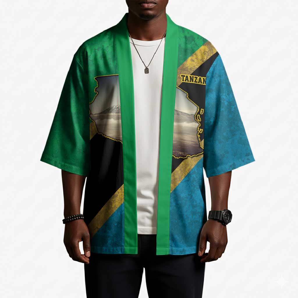 African Volcano Kilimanjaro Tanzania Kimono Grunge Flag Map of Tanzania