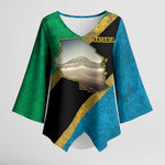 African Volcano Kilimanjaro Tanzania Kimono Sleeve Blouse Grunge Flag Map of Tanzania