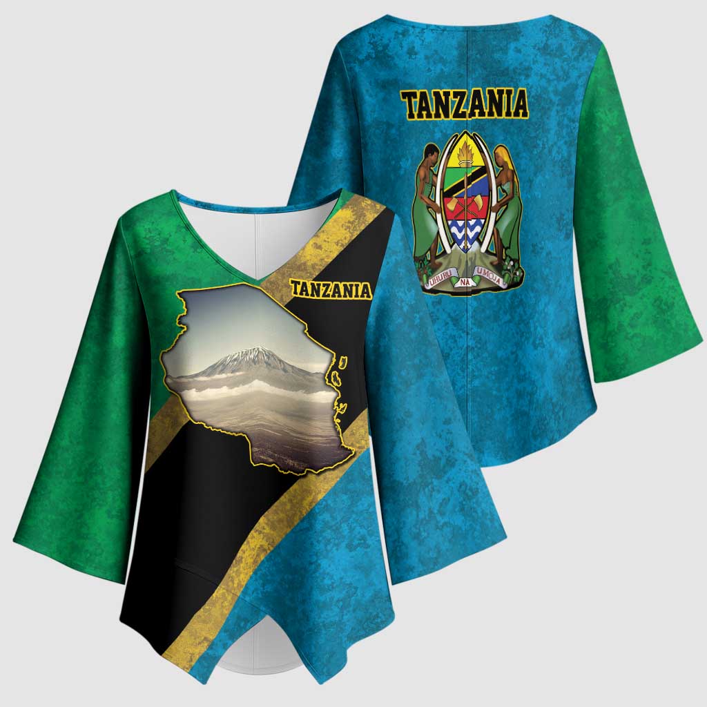 African Volcano Kilimanjaro Tanzania Kimono Sleeve Blouse Grunge Flag Map of Tanzania