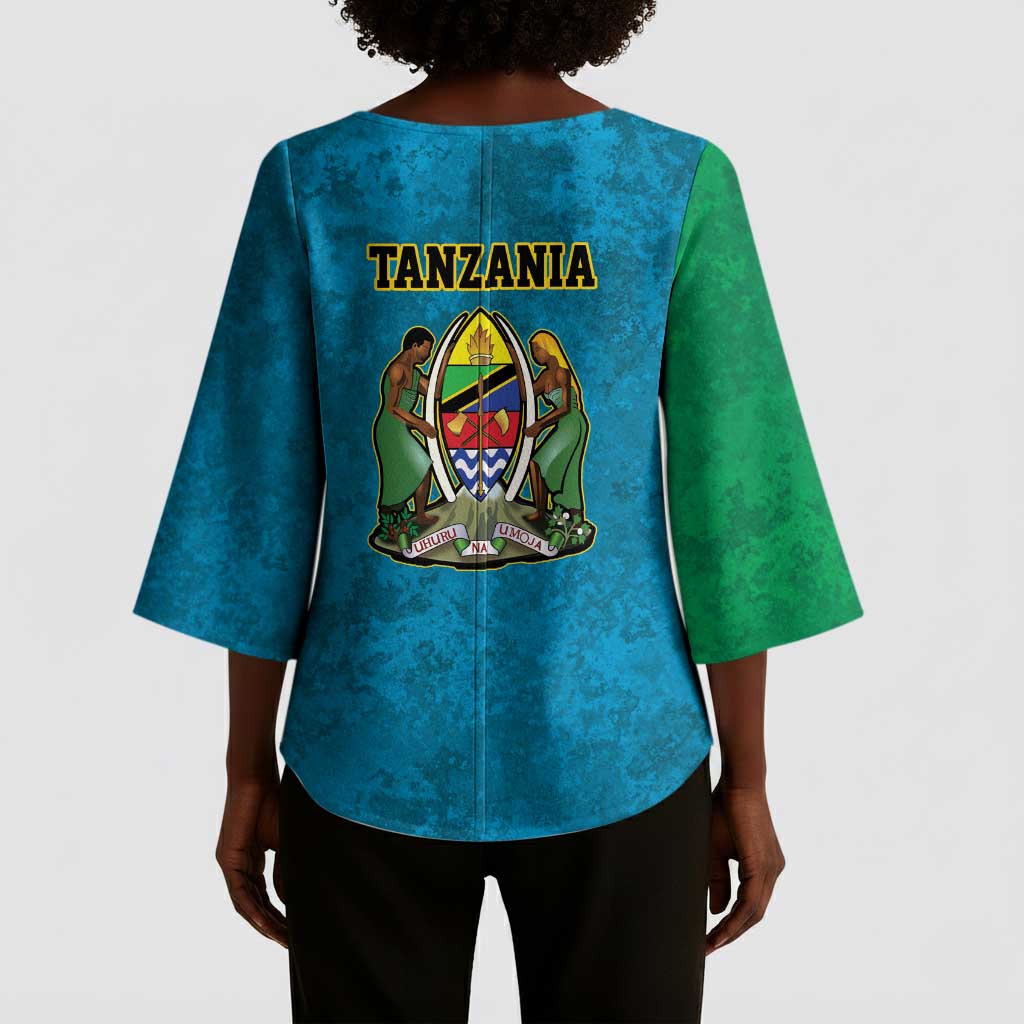 African Volcano Kilimanjaro Tanzania Kimono Sleeve Blouse Grunge Flag Map of Tanzania