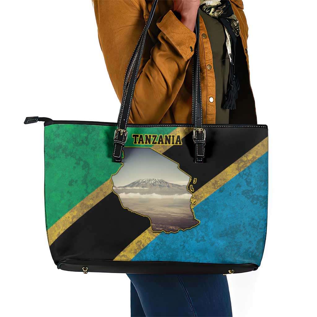 African Volcano Kilimanjaro Tanzania Leather Tote Bag Grunge Flag Map of Tanzania - African Pride