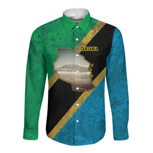 African Volcano Kilimanjaro Tanzania Long Sleeve Button Shirt Grunge Flag Map of Tanzania - African Pride