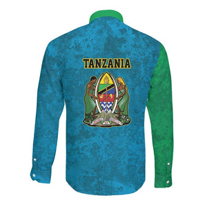 African Volcano Kilimanjaro Tanzania Long Sleeve Button Shirt Grunge Flag Map of Tanzania - African Pride