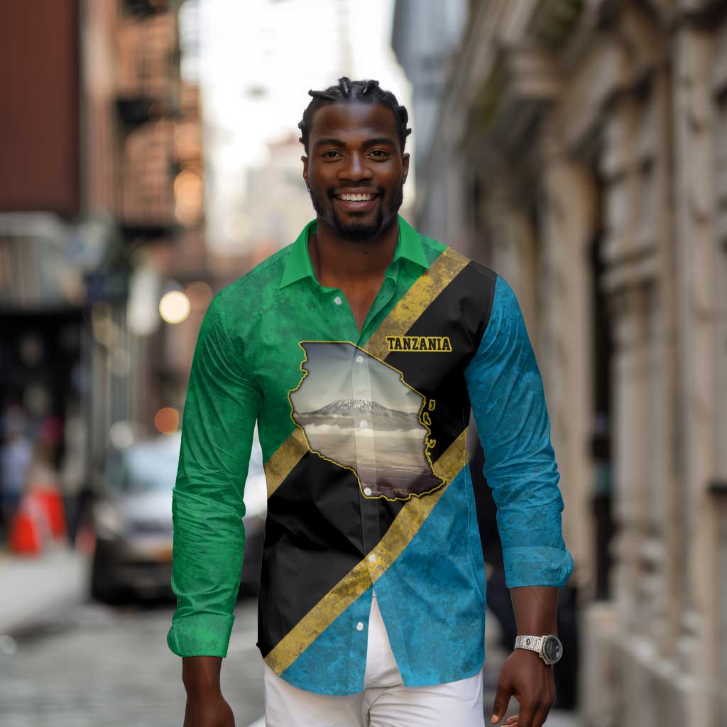 African Volcano Kilimanjaro Tanzania Long Sleeve Button Shirt Grunge Flag Map of Tanzania - African Pride