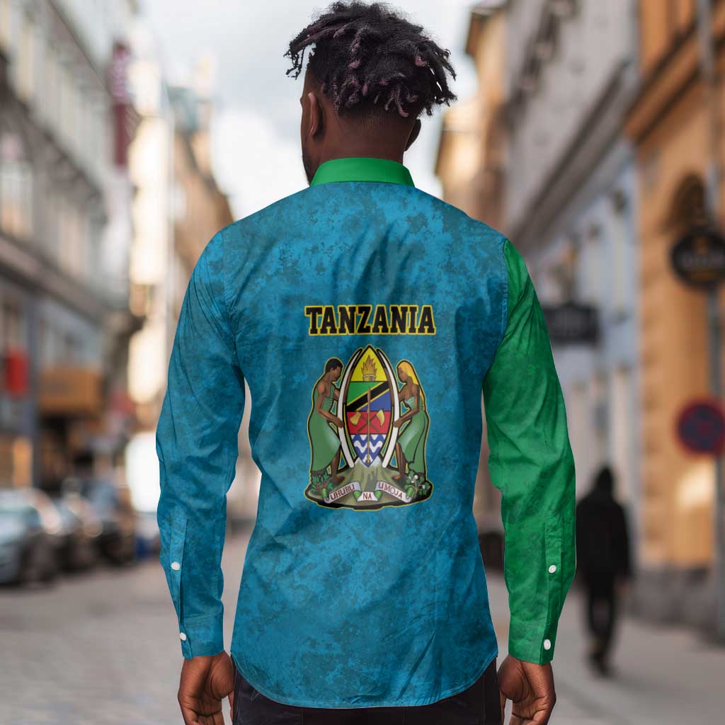 African Volcano Kilimanjaro Tanzania Long Sleeve Button Shirt Grunge Flag Map of Tanzania - African Pride