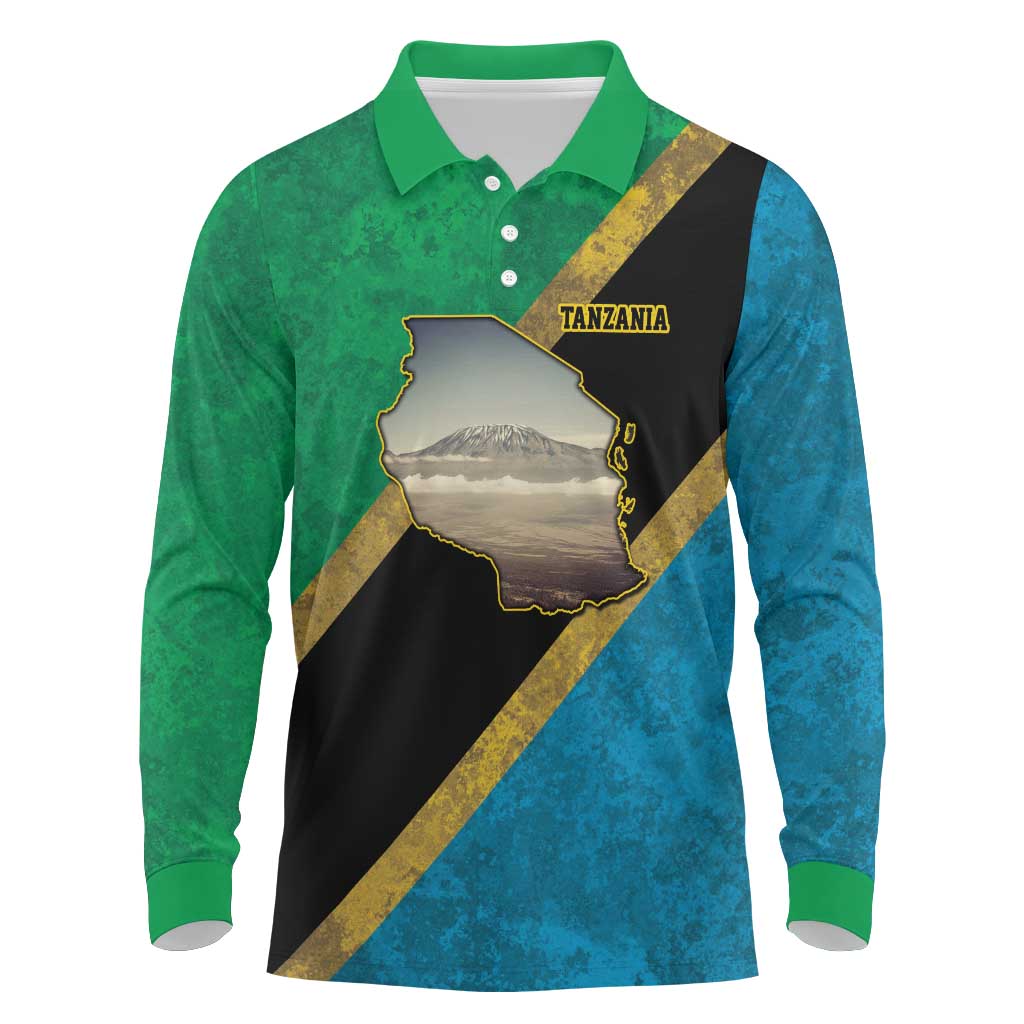 African Volcano Kilimanjaro Tanzania Long Sleeve Polo Shirt Grunge Flag Map of Tanzania - African Pride