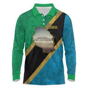 African Volcano Kilimanjaro Tanzania Long Sleeve Polo Shirt Grunge Flag Map of Tanzania - African Pride