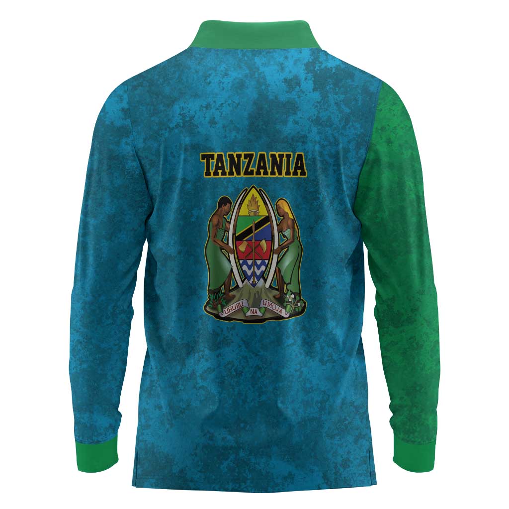 African Volcano Kilimanjaro Tanzania Long Sleeve Polo Shirt Grunge Flag Map of Tanzania - African Pride