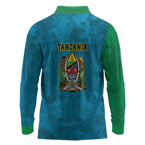African Volcano Kilimanjaro Tanzania Long Sleeve Polo Shirt Grunge Flag Map of Tanzania - African Pride