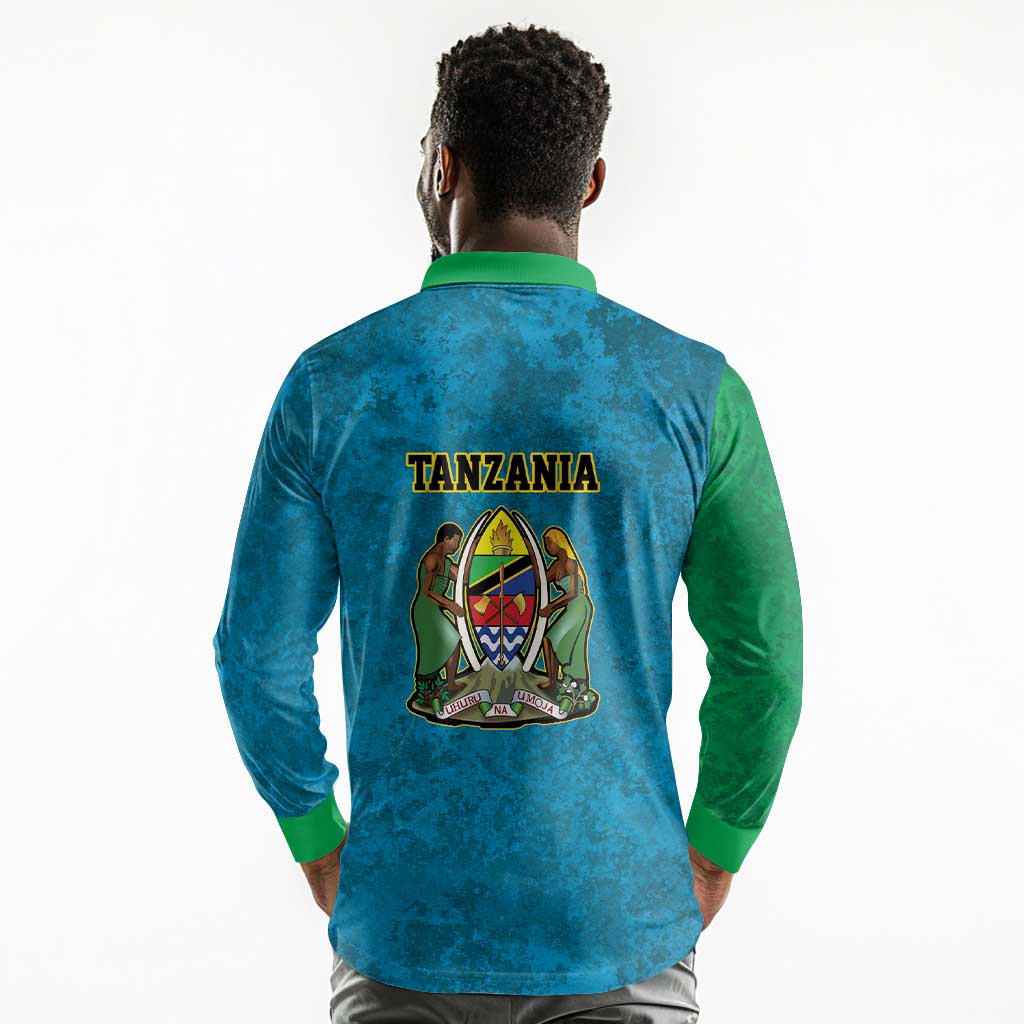 African Volcano Kilimanjaro Tanzania Long Sleeve Polo Shirt Grunge Flag Map of Tanzania - African Pride