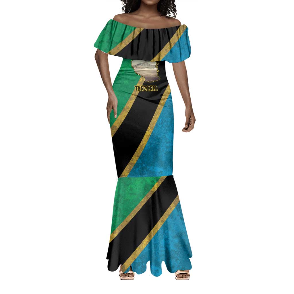 African Volcano Kilimanjaro Tanzania Mermaid Dress Grunge Flag Map of Tanzania - African Pride