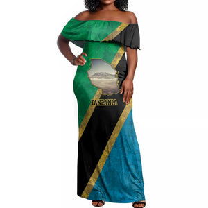African Volcano Kilimanjaro Tanzania Off Shoulder Maxi Dress Grunge Flag Map of Tanzania - African Pride