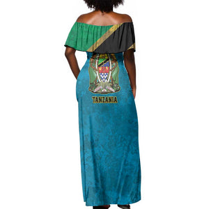 African Volcano Kilimanjaro Tanzania Off Shoulder Maxi Dress Grunge Flag Map of Tanzania - African Pride