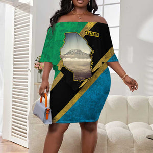 African Volcano Kilimanjaro Tanzania Off Shoulder Short Dress Grunge Flag Map of Tanzania - African Pride