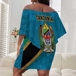 African Volcano Kilimanjaro Tanzania Off Shoulder Short Dress Grunge Flag Map of Tanzania - African Pride