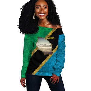 African Volcano Kilimanjaro Tanzania Off Shoulder Sweater Grunge Flag Map of Tanzania - African Pride